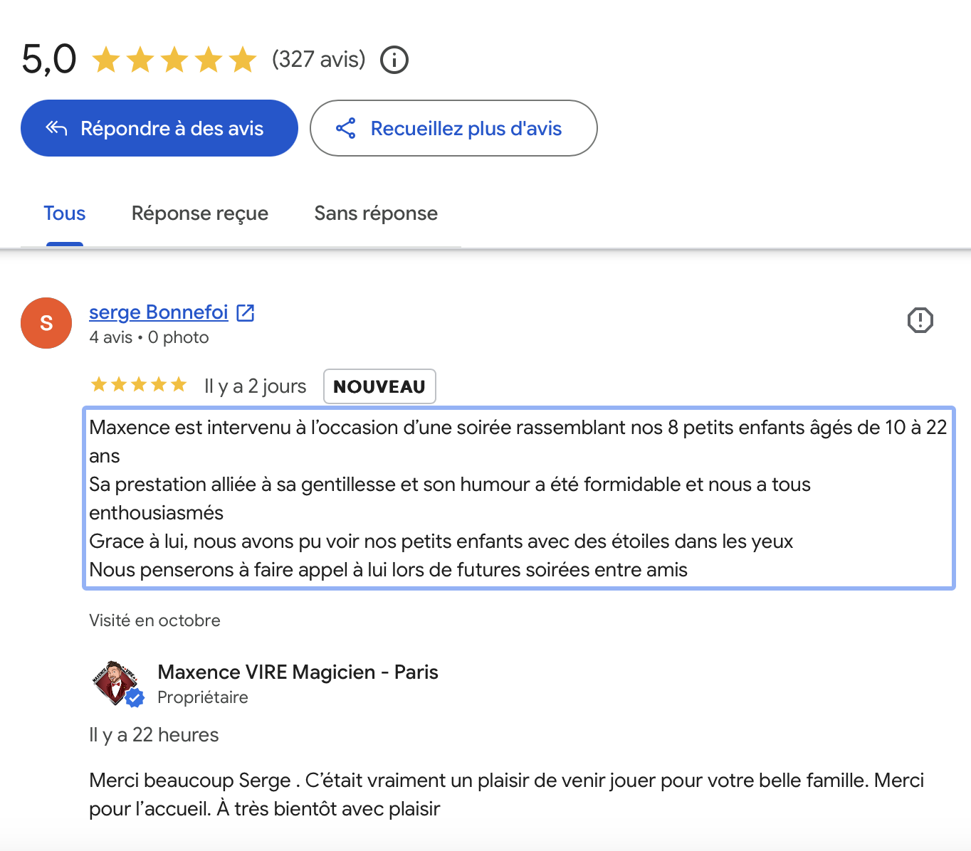 Avis Google après un spectacle de magie à domicile à Paris 8